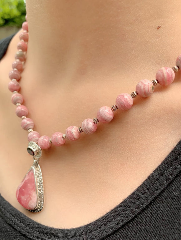 20” Rhodochrosite and Garnet Necklace set in sterling silver