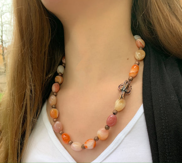 Agate Chunk Necklace with Cooper Dragonfly