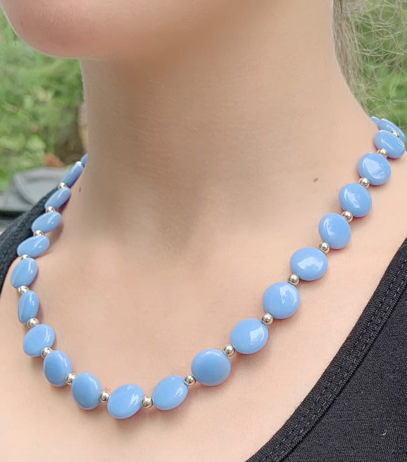 19” High Quality Angelite puffed circle Necklace