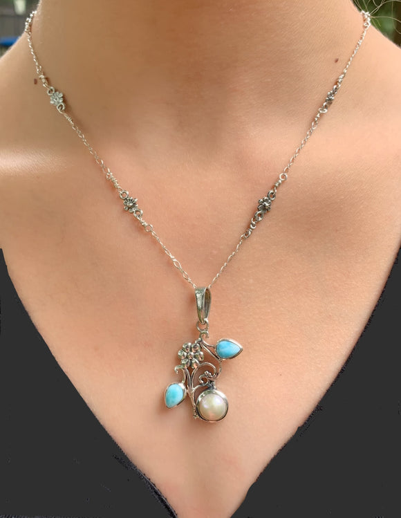 19” Larimar and Pearl Necklace