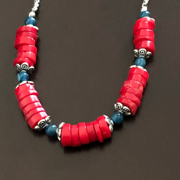 21” Red Coral & Apatite Necklace in Stainless Steel